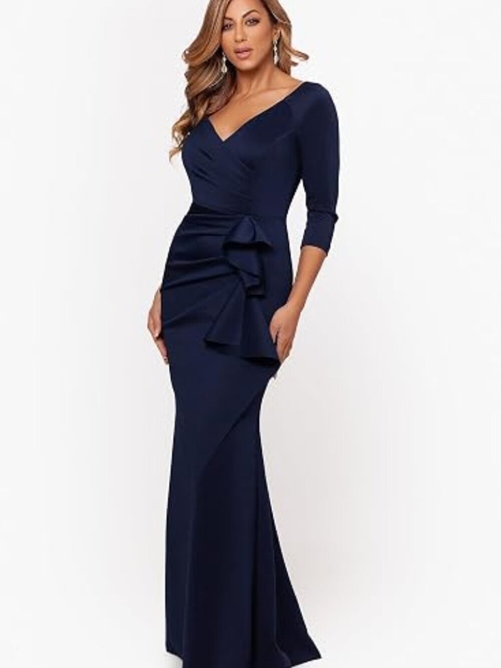 Xscape 6Petite Women's Floor Length V-Neck Bodycon Evening Gown with 3/4 Sleeves